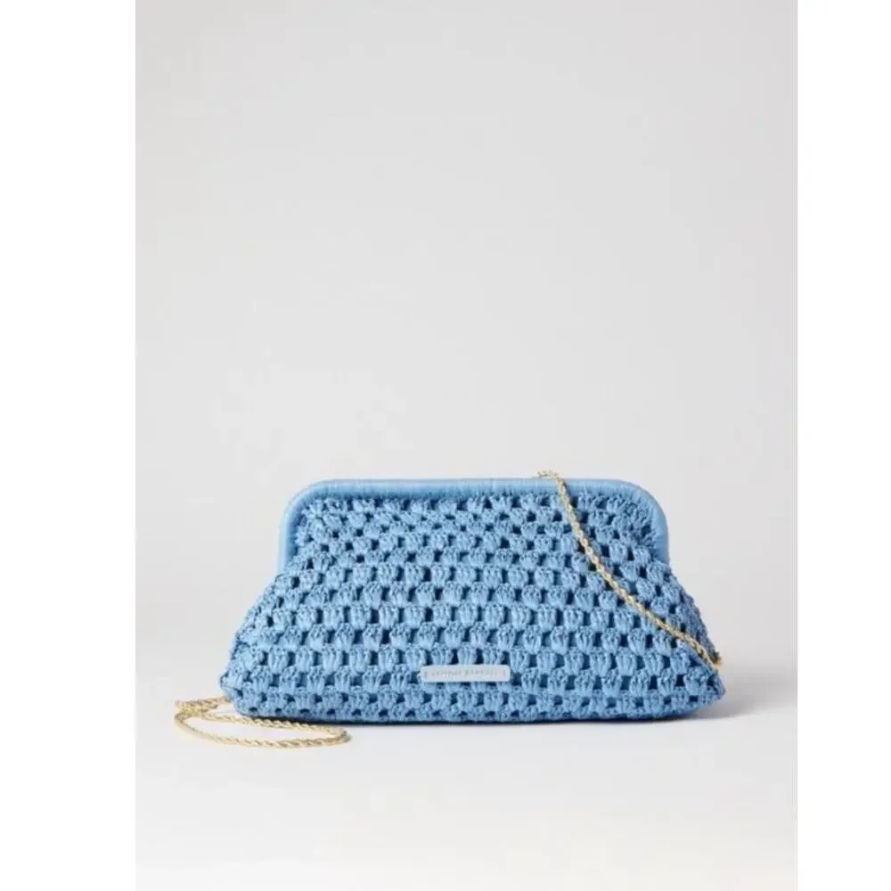 LOEFFLER RANDALL Light Blue Crochet Trudie Frame Gold Chain Clutch Purse Bag